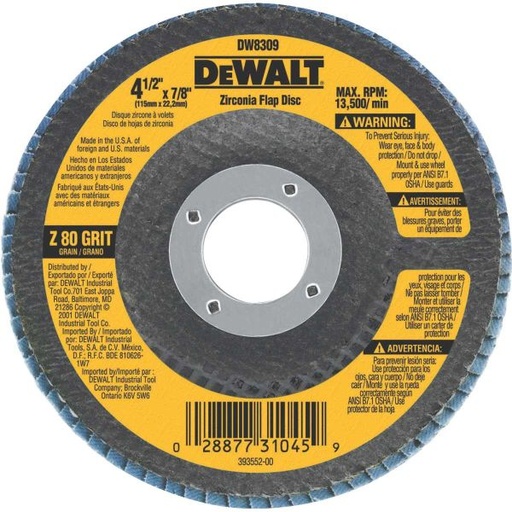 DeWalt Angle Grinder Flap Disc - Zirconia 80 Grit 4 1/2” x 7/8"