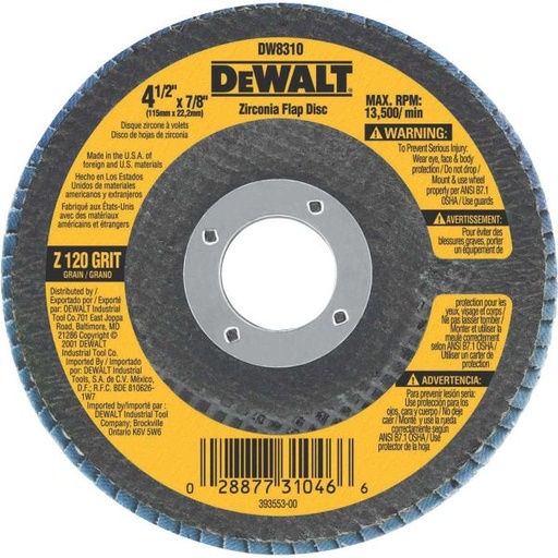 DeWalt Flap Disc 120 Grit  4 1/2" x 7/8"
