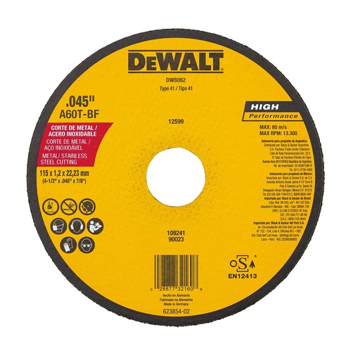 DeWalt Cutting Disc Metal Flat 4 1/2” x 0.045” x 7/8” 