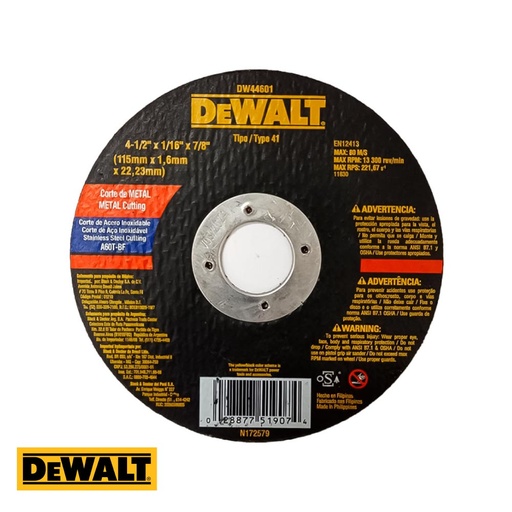 DeWalt Cutting Disc Metal - Stainless Steel Flat 4 1/2” x 1/16” 