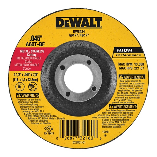 DeWalt Cutting Disc Metal Hub 4.5” x 0.045” x 7/8” 