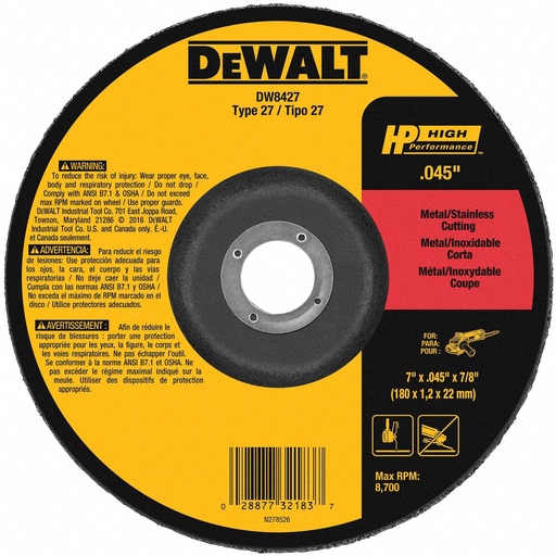 DeWalt Cutting Disc Metal - Stainless Steel Hub 7” x 0.045”